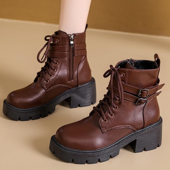 AUNVITO Women's Winter Faux Leather Buckle Lace-Up Ankle Boots Non-Slip Sole Mid Heel British Retro Casual Shoes Black Brown