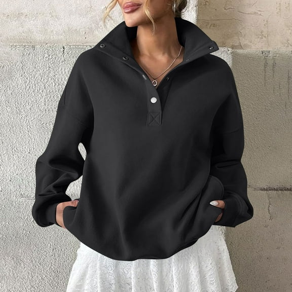 AUNVITO Women's Winter Fleece-Lined Button-Up Collar Casual Loose Fit Long Sleeve Sweatshirt Cozy and Comfortable Style