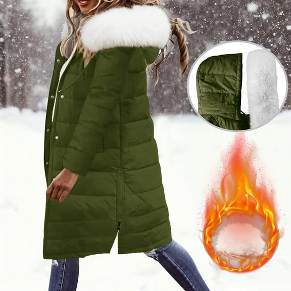 AUNVITO Women's Winter Fleece-Lined Hooded Coat with Detachable Faux Fur Collar, Tactical Style Green Long Thickened Warm Jacket with Pockets for Casual Outdoor Daily Use
