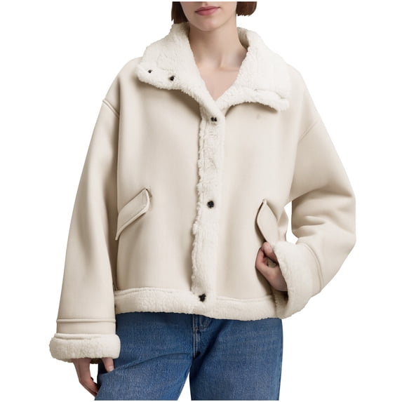 AUNVITO Women's Winter Fleece-Lined Thickened Suede-Like Jacket Casual Long Sleeve Hoodless Outerwear