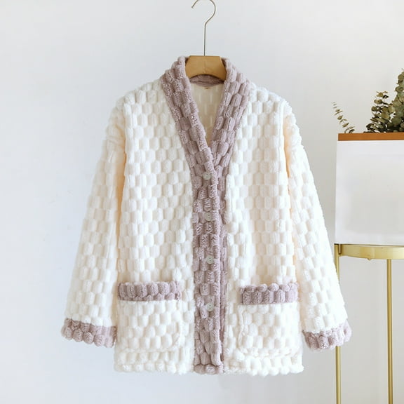 AUNVITO Women's Winter Home Wear Cardigan Long Sleeve Thickened Fleece Loose Solid Color Casual Warm Style