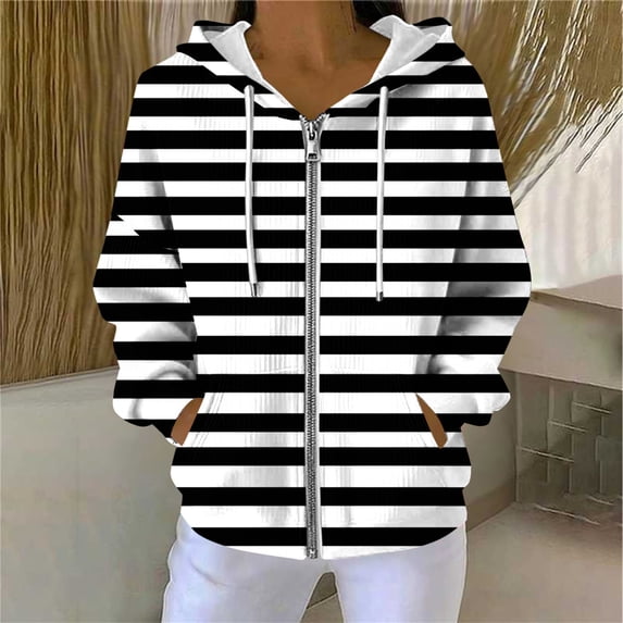 AUNVITO Women's Winter Hooded Sweatshirt Striped Print Long Sleeve Ribbed Zipped Pockets Casual and Trendy Outerwear