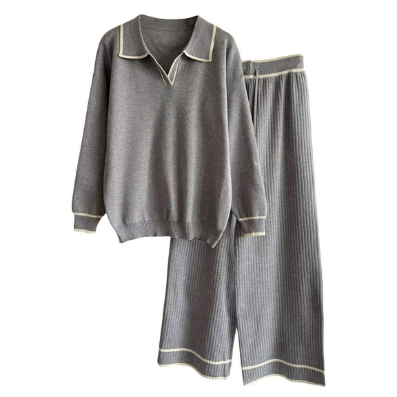 AUNVITO Women's Winter Knit Two-Piece Set High Waist Contrast Collar Loose Fit Outfit 20%Modal 40%Cotton 40%Polyester