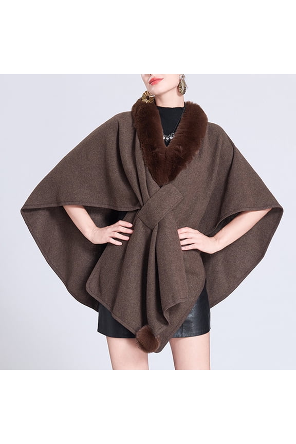 Women's Winter Poncho Faux Fur Collar Knit Elegant and Warm Winter Style
