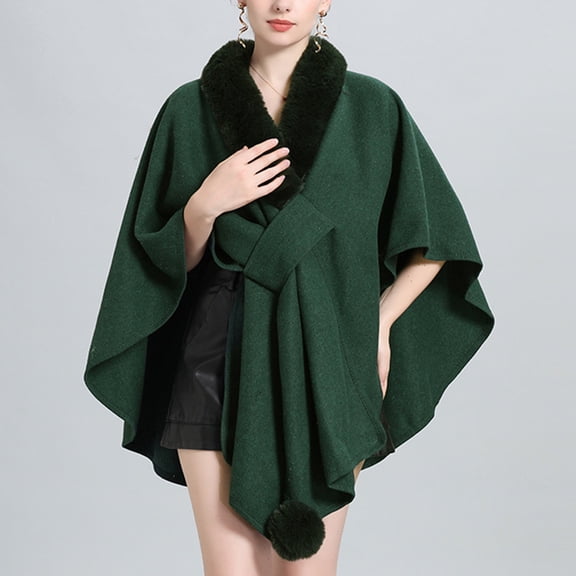 AUNVITO Women's Winter Poncho Faux Fur Collar Knit Elegant and Warm Winter Style