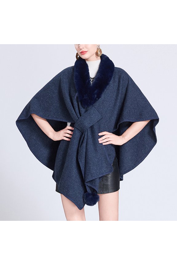 Women's Winter Poncho Faux Fur Collar Knit Elegant and Warm Winter Style