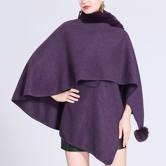 AUNVITO Women's Winter Poncho Faux Fur Collar Knit Elegant and Warm Winter Style