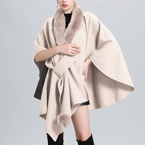 AUNVITO Women's Winter Poncho Faux Fur Collar Knit Elegant and Warm Winter Style