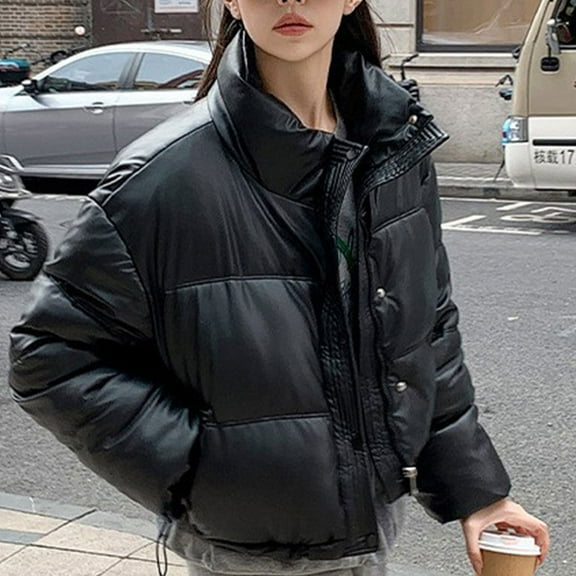 AUNVITO Women's Winter Puffer Jacket Lightweight Stand Collar Long Sleeve Casual Coat with Pockets
