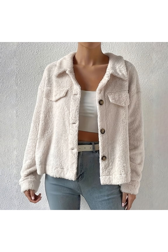 Women's Winter Short Plush Woolen White Lapel Casual Versatile Short Coat