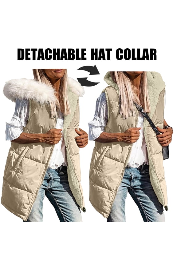 Women's Winter Sleeveless Puffer Vest With Detachable Hood & Side Zipper, Stand Collar Quilted Coat With Pockets For Casual OutRegular Fits
