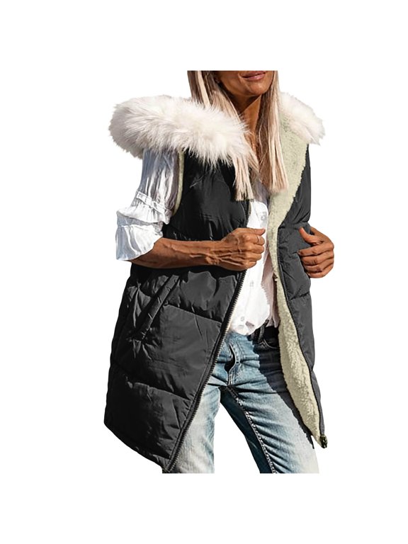 Women's Winter Sleeveless Puffer Vest With Detachable Hood & Side Zipper, Stand Collar Quilted Coat With Pockets For Casual OutRegular Fits