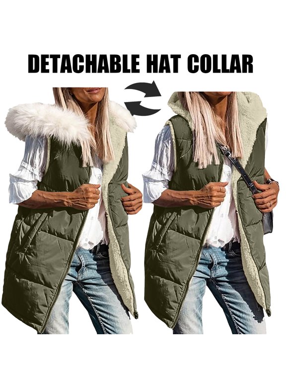 Women's Winter Sleeveless Puffer Vest With Detachable Hood & Side Zipper, Stand Collar Quilted Coat With Pockets For Casual OutRegular Fits