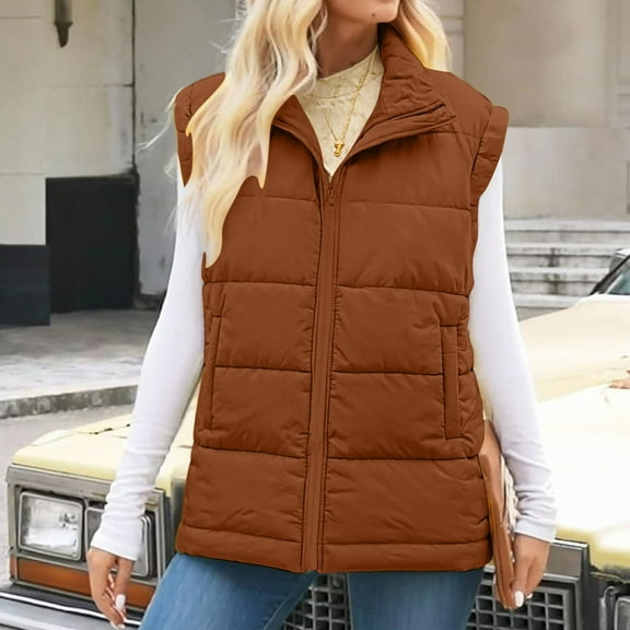 AUNVITO Women's Winter Sleeveless Puffy Jacket Lightweight Casual Coat with Pockets, V-Neck Loose Regular Fit Vest for Daily Wear