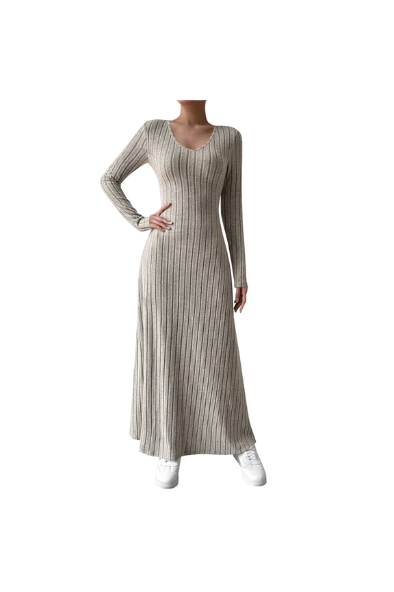Women's Winter Slim Fit High Neck Ribbed Brushed Dress Long Sleeve Solid Color Thermal Comfort