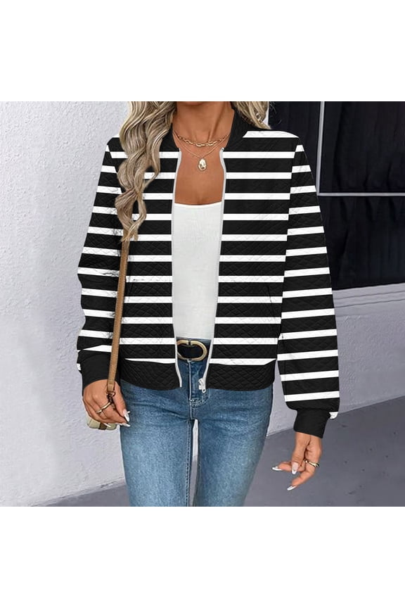 Women's Winter Stretchy Breathable Gradient Striped Zipper Jacket Cardigan Casual Loose Fit