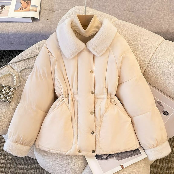 AUNVITO Women's Winter Thickened Waist Snatched Lapel Jacket Casual Warm Spandex Long Sleeve Coat for Daily Leisure Travel Work