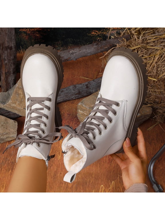 Women's Winter Warm Ankle Boots Faux Leather Side Zipper Front Lace-Up Low Heel Solid Color Black/White