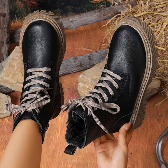 AUNVITO Women's Winter Warm Ankle Boots Faux Leather Side Zipper Front Lace-Up Low Heel Solid Color Black/White