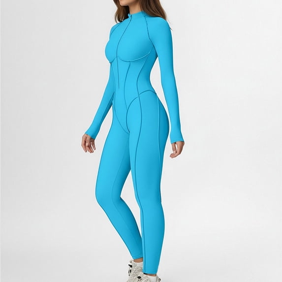 AUNVITO Women's Yoga Bodysuit Zip Front Solid Color Thermal High-Waist Tummy Control for Fitness Yoga Workout