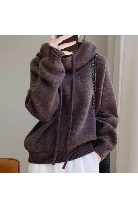 Womens Fall Sweaters Cozy Warm Knit Hooded Collar Sweater with Ribbed Trim & Adjustable Drawstring Lazy Casual Pullover