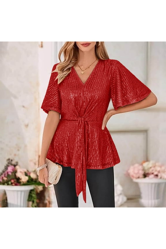 Womens Glitter Tops Short Sleeve Dressy V Neck Sparkly Casual Double Layered-Element Shirts