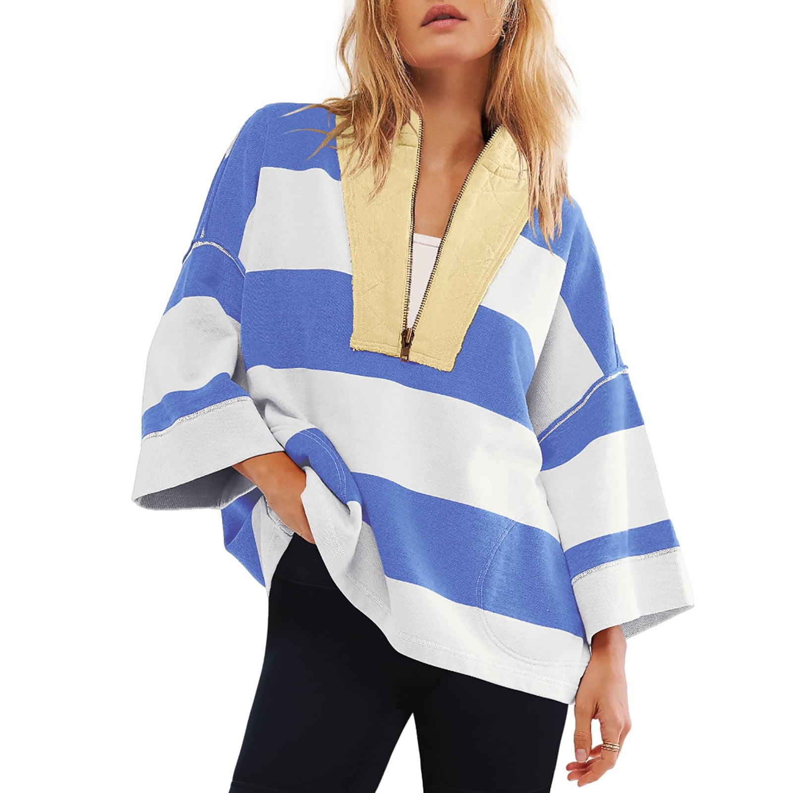 HALF ZIP UP STRIPE OVERSIZED SWEATER KNIT TOP