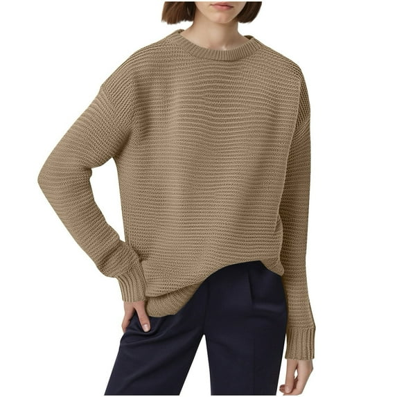 AUNVITO Womens Round Neck Sweaters Casual Long Sleeve Pullover Solid Fall Winter Outfits 2025