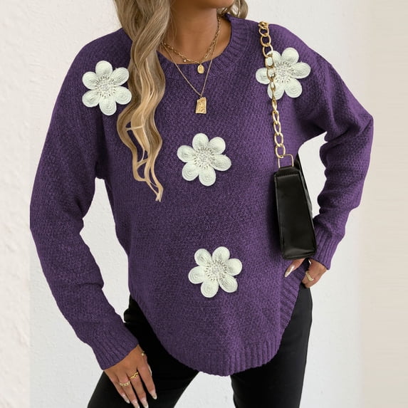 AUNVITO Womens Round Neck Sweaters Solid 3D Floral Knit Long Sleeve Pullover Tops Fall Winter Outfits