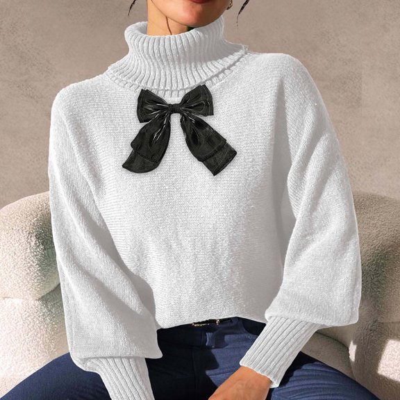 AUNVITO Womens Turtleneck Sweaters Pullover Cozy Lantern Sleeve Lace Bow Detail Knit Sweaters Fall Winter Outfits