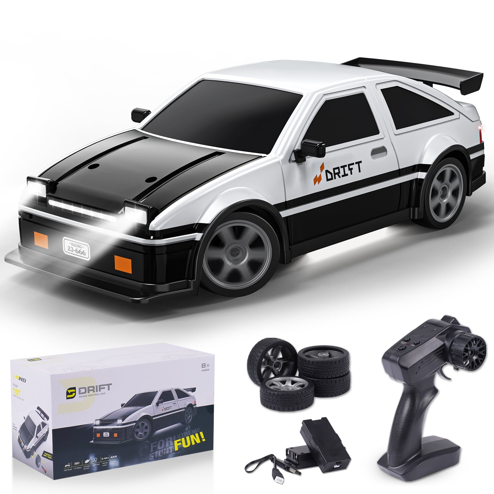 Mojoyce 1:16 Scale RC Car RC Drift Car 4WD Flat Sports Car Kids Racing RC  Toys with LED Light Battery(White) 