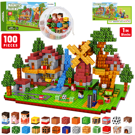 AUOSHI 100 PCS Magnetic Tiles & Building Blocks,1 Inch ABS Magnetic Cubes, Strong Magnet STEM Educational Learning Toys,Creative Construction Play Set with Storage Bag for Toddlers Kids Boys Girls 3+
