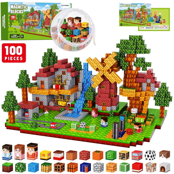 AUOSHI 100 PCS Magnetic Tiles & Building Blocks,1 Inch ABS Magnetic Cubes, Strong Magnet STEM Educational Learning Toys,Creative Construction Play Set with Storage Bag for Toddlers Kids Boys Girls 3+