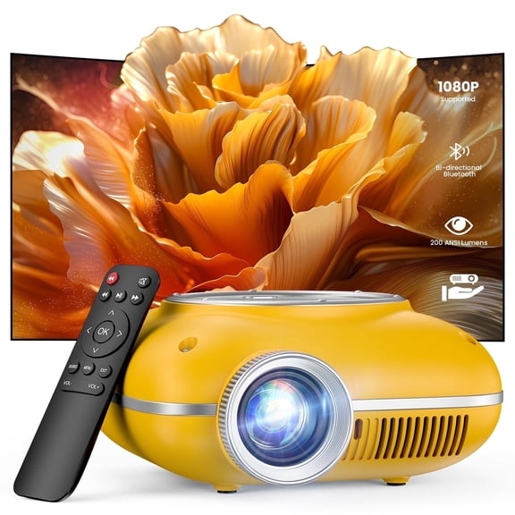 AUOSHI Projector 4K 1080P Supported, Mini Projector for Bedroom/Dorm, Portable Bluetooth Projector Compatible with iOS/Android/PC/HDMI/USB, Yellow