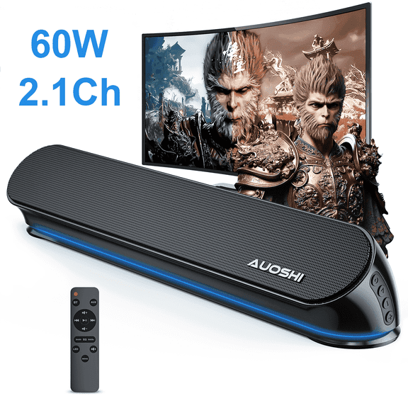 AUOSHI Small Sound Bar for TV, 2.1ch 60W Compact Soundbar with Built-in Subwoofer, Bluetooth 5.4, 5 EQ Modes, HDMI ARC/Optical/AUX/USB, 16.5''