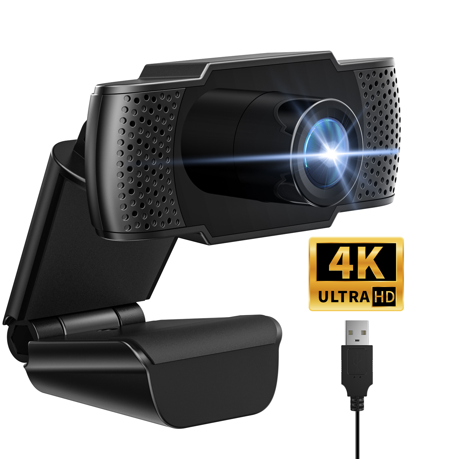 4K Webcam for PC AUOSHI 101JH8 UHD with Noise-Canceling Mic, Plug and Play USB Camera for Pro Streaming/Meeting/Gaming, Black