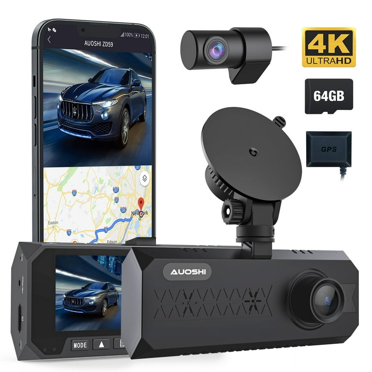 AUOSHI 3 Channel Dual Dash Cam Front Rear 4K/2.5K+1080P 3.16 Full HD with  Wi-Fi GPS Free 64GB SD Card Car Dashboard Recorder IPS Screen Night Vision