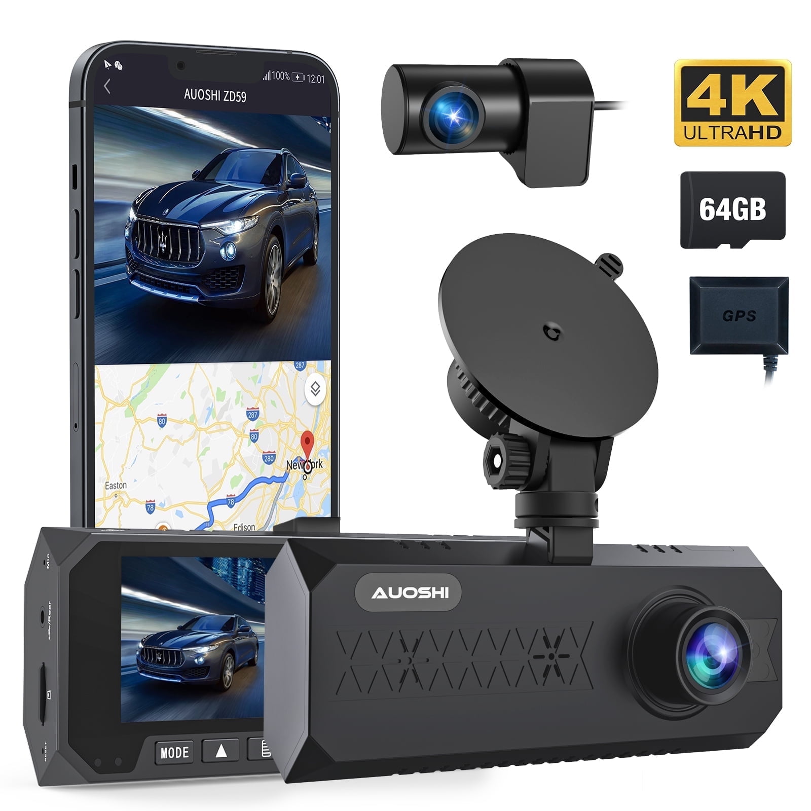 AUOSHI 3 Channel Dash Cam Front and Rear, 4K/2.5K + 1080P Premium Car Camera for Cars with Wi-Fi GPS, Night Vision, 3.16" IPS Touchscreen, 24H Parking Mode, WDR, Type-C, 64GB SD Card Included