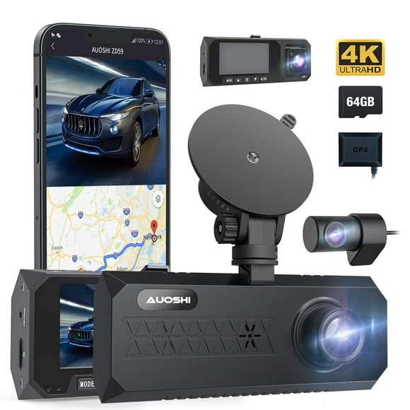 AUOSHI 3 Channel Dash Cam Front and Rear, 4K/2.5K + 1080P Premium Car Camera for Cars with Wi-Fi GPS, Night Vision, 3.16" IPS Touchscreen, 24H Parking Mode, WDR, Type-C, 64GB SD Card Included