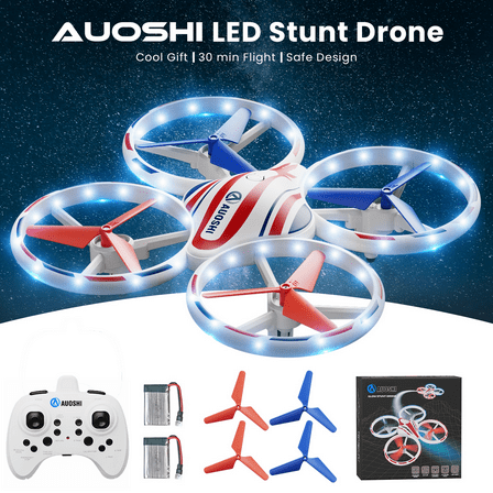 AUOSHI LED Stunt Drone with 360° Flips, Drift & 3 Speed Modes,Colorful Lights,Protective Guard,One-Key Takeoff/Landing/Return,Optical Flow Hover,2 Batteries,Fun Gift for Kids,Teens,Adults & Beginners