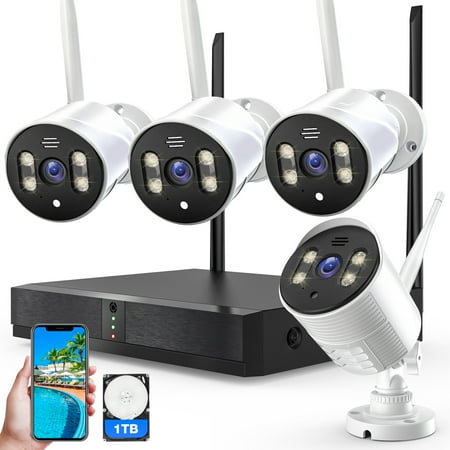 AUOSHI 4pcs Wired Security Camera NVR System with 1TB Hard Drive, 8CH 1080P 3MP Night Vision, IP66 Waterproof, Wireless Wifi IP Security Surveillance Cameras Home Outdoor