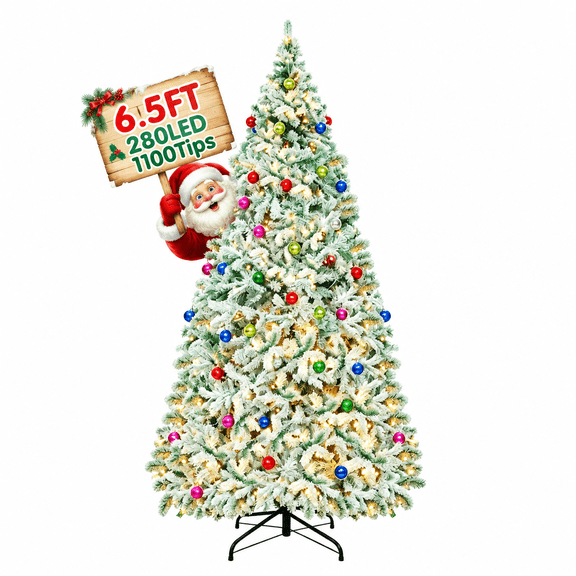 AUOSHI 6.5FT Flocked Christmas Tree Prelit, Snow Flocked Artificial Christmas Tree with Remote Control, 280 Warm White LED Lights, 1100 Branch Tips, Indoor Holiday Home Decor