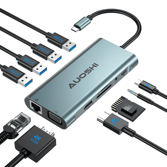 AUOSHI Docking Station for Laptop, 11-in-1 USB C Hub with Dual Monitor, 4K HDMI-Compatible, VGA, USB 3.0/2.0, 100W PD Charging, SD/TF, Ethernet, Audio for MacBook/Dell/HP