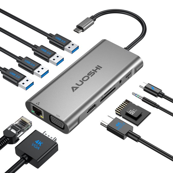 AUOSHI Docking Station for Laptop, 11-in-1 USB C Hub with Dual Monitor, 4K HDMI-Compatible, VGA, USB 3.0/2.0, 100W PD Charging, SD/TF, Ethernet, Audio for MacBook/Dell/HP