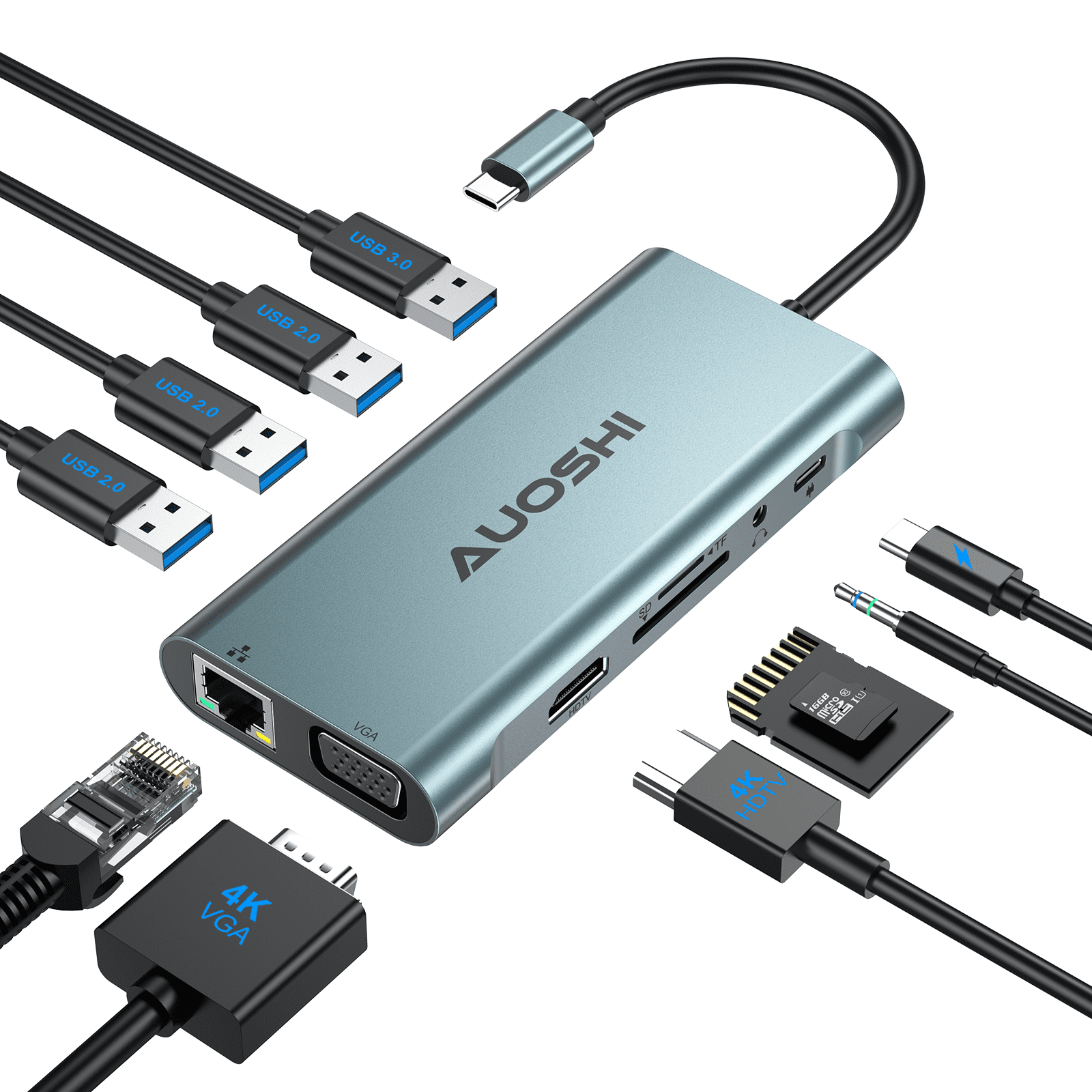 AUOSHI Docking Station for Laptop, 11-in-1 USB C Hub with Dual Monitor, 4K HDMI-Compatible, VGA, USB 3.0/2.0, 100W PD Charging, SD/TF, Ethernet, Audio for MacBook/Dell/HP