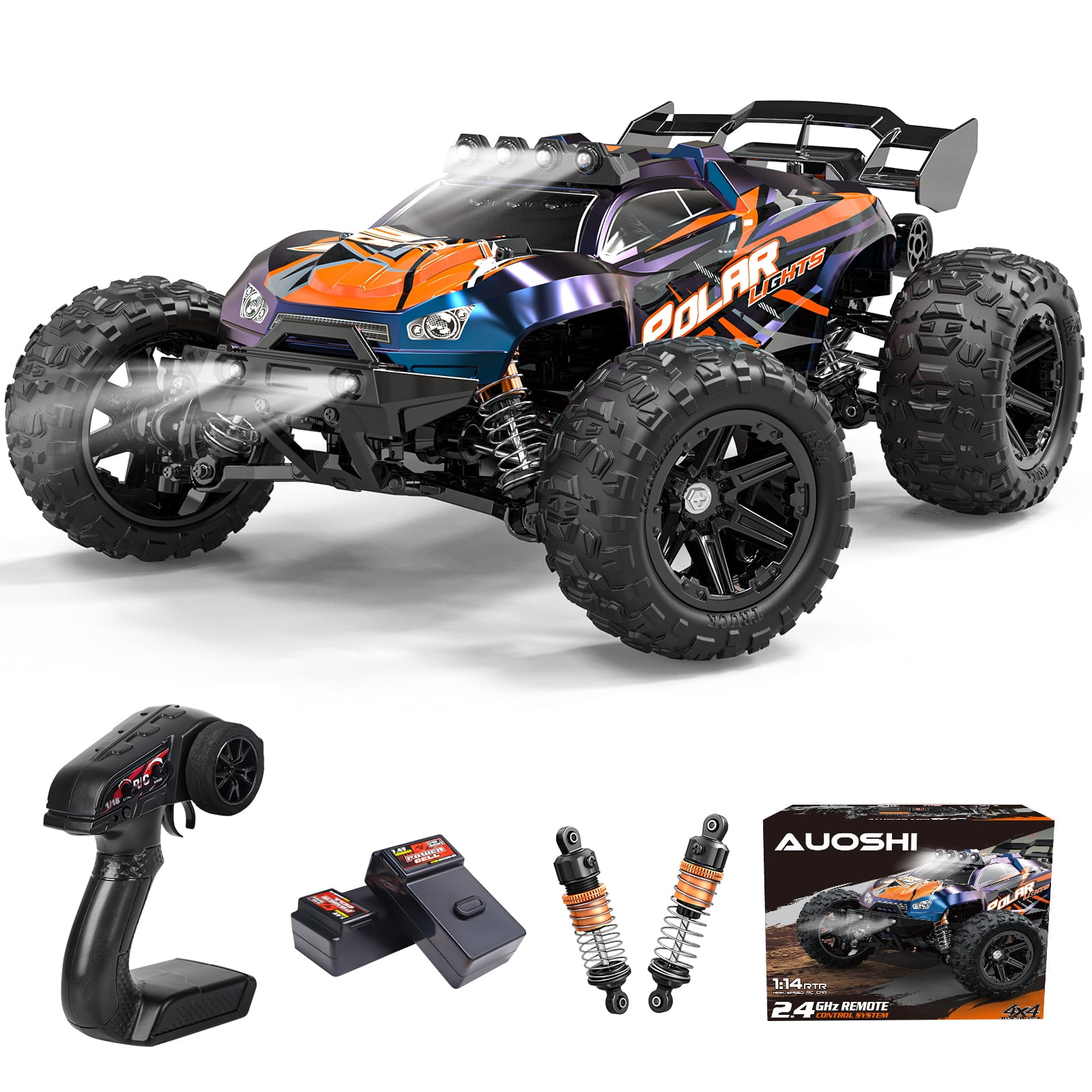 AUOSHI 1:14 Fast RC Toy Car,40+MPH Remote Control Off-Road Truck with Full Metal Drivetrain, 4WD All-Terrain, 2 Batteries, 70 Min Runtime, LED Lights, Waterproof  Great Gift for Kids, Teens & Adults