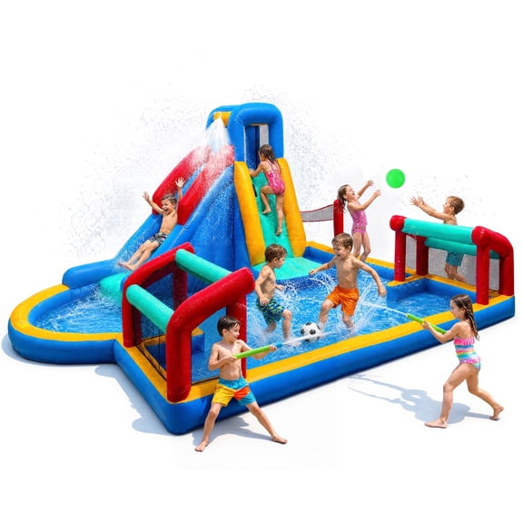 AUOSHI Inflatable Water Slide with Blower, Bounce House Water Park for Kids with Slides, Climbing Wall, Large Splash Pool, Football, Volleyball and Water Guns Backyard Outdoor Bouncy Castle