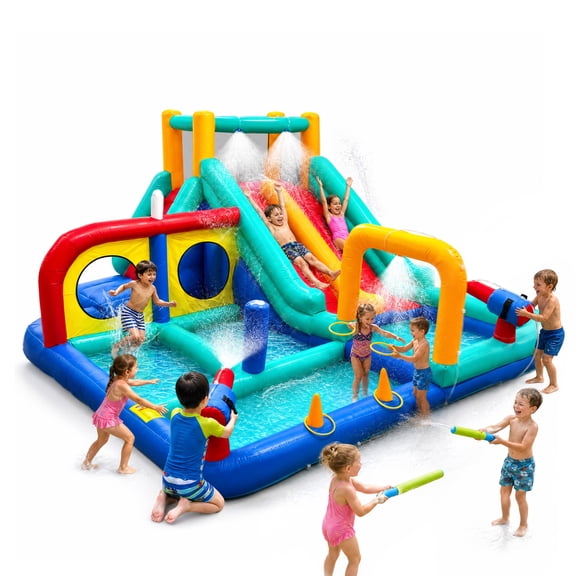 AUOSHI Inflatable Water Slide for Kids, 4-Kid Bounce House Water Park with Dual Slides, Climbing Wall, Splash Pool, 2 Water Cannons & Ring Toss, 15 x 12.5 ft Backyard Playset