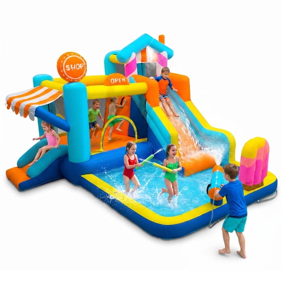 AUOSHI Inflatable Water Slide with Blower, Bounce House Water Park for Kids with Dual Slides, Jumping Area, Climbing Wall, Splash Pool & Water Guns, Backyard Outdoor Bouncy Castle