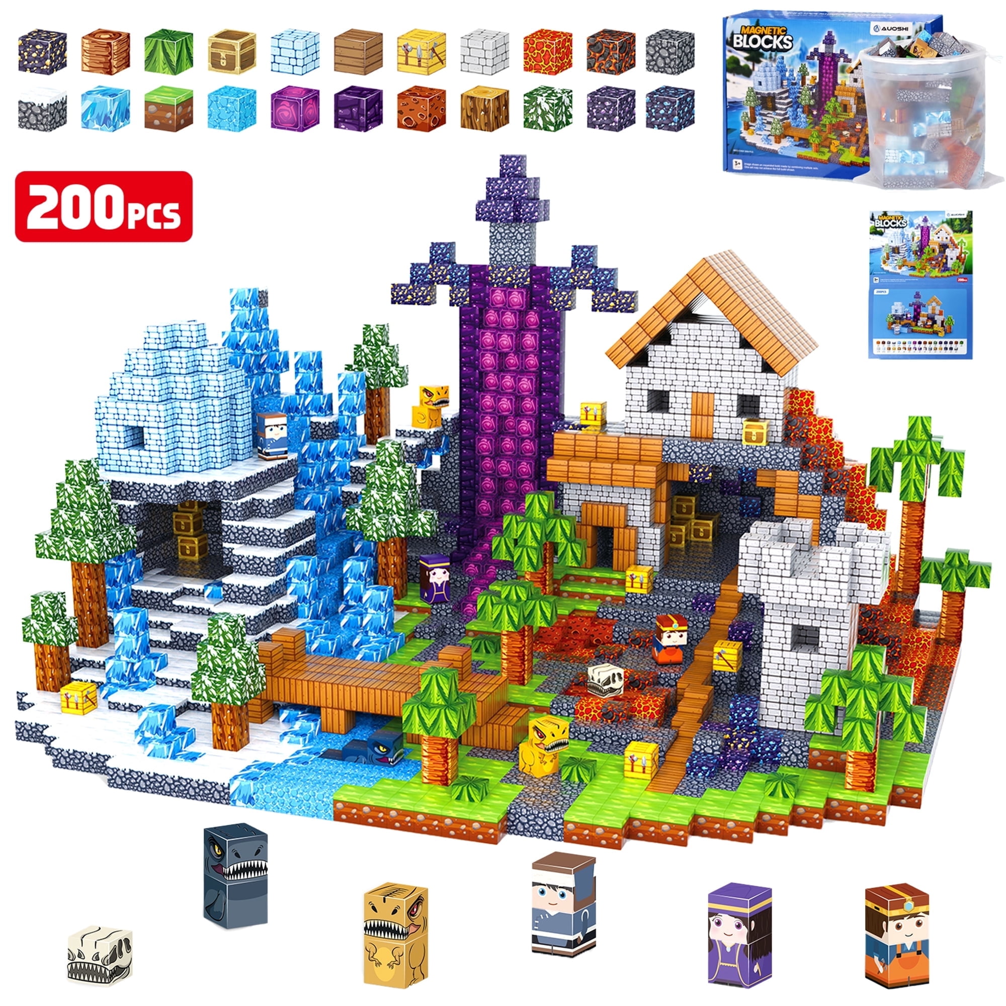 AUOSHI 200 PCS Magnetic Tiles & Building Blocks,ABS Magnetic Cubes, Strong Magnet STEM Educational Learning Toys,Creative Construction Play Set with Storage Bag for Toddlers Kids Boys Girls 3+